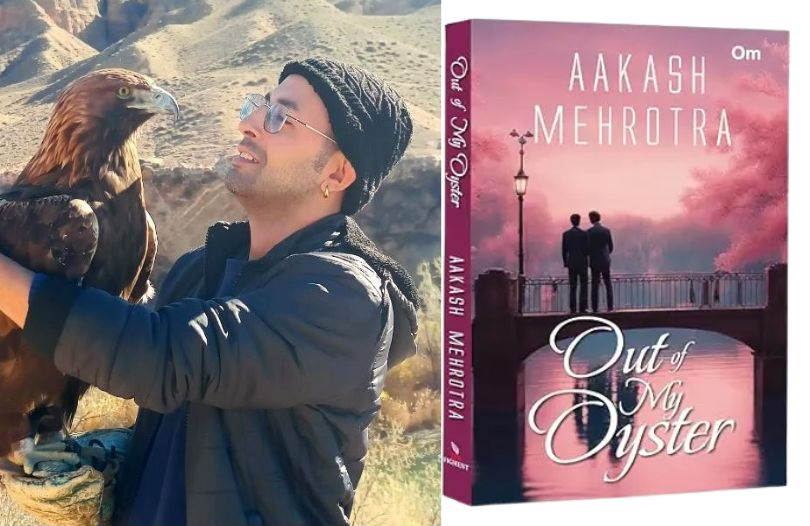 Author Aakash Mehrotra alongside the cover of his novel Out of My Oyster.