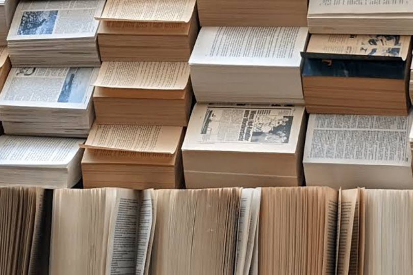 Stacked books on display