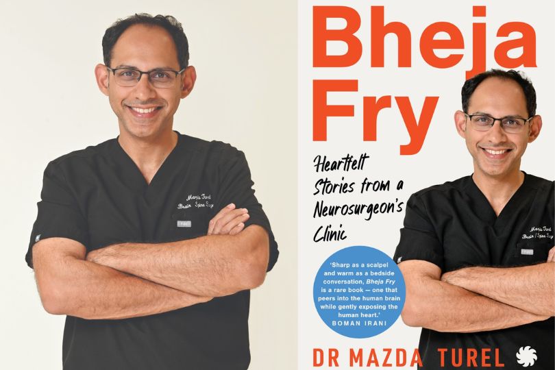 Dr Mazda Turel with the cover of his book Bheja Fry.